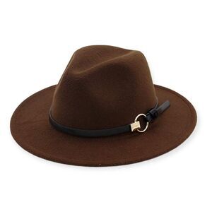 Cocoa Brown Wide Brim Teardrop Dented Crown Gold Ring Band Fedora Hat NEW
